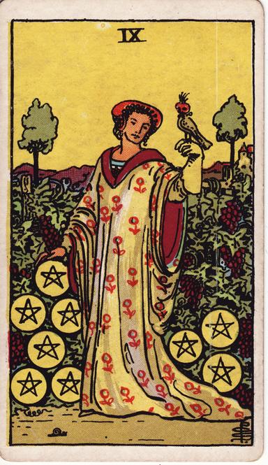 תשעה של מטבעות tarot card
